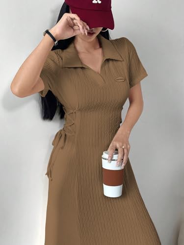 Image of Shasmi Women's Solid Color Applique Lace-Up Collared Short Sleeve, Side-Tie Waist Long Casual Maxi Women Dress Outfit Long Evening Midi Western Party Dress for Women (Dress 211)