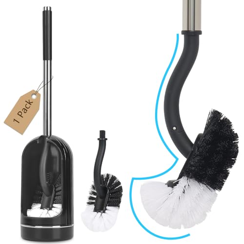 Toilet Brush, Toilet Brushes with Holders, Curved Toilet Brush with Edge Cleaner, Stainless Steel & Plastic Handle, Loo Brush Replacement Heads, Bathroom Cleaning Brush (1, Black)