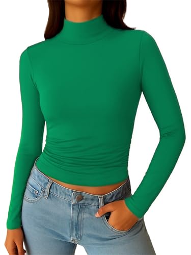 ForeFair Womens Mock Turtleneck Long Sleeve Going Out Tops Ruched Double Lined Tight Basic Tee Shirts(XS Green)