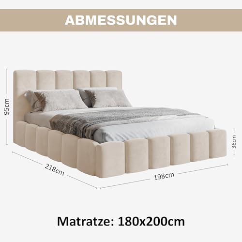 MOTIVENA Nunu Bubble Bett 180x200 Beige Samt, mit Stauraum, mit Kopfteil, mit Lattenrost, ohne Füße, ohne Matratze, Bubble Polsterbett 180x200 mit Bettkasten Beige (Creme)