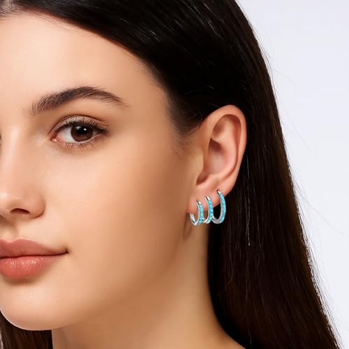 316L Surgical Steel Turquoise Huggie Hoop Earrings Set,Dainty Small Cute Silver Cartilage Earring for Multiple Piercing, Hypoallergenic for Women Men2