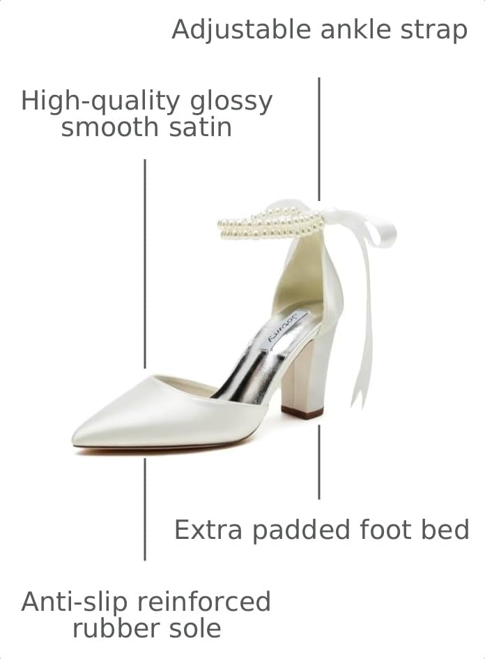 Image of Satin Wedding Shoes for Bride Block Heel Bridal Shoes Pointed Toe Pearl Wedding Heels