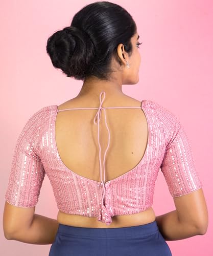 FIGURE'S DESIGNER Women's Sequin V Neck Elbow Half Sleeve Readymade Saree Blouse E1