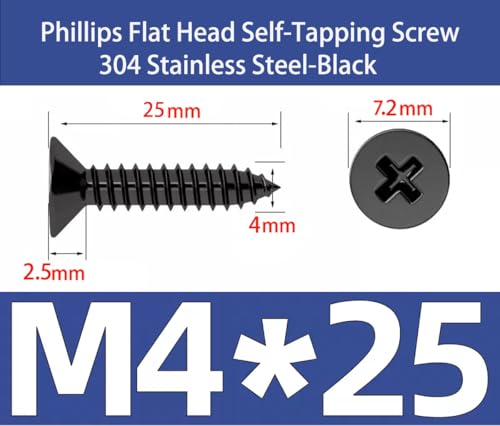 EBAIJQUO M4x25mm Phillips Flat Head Wood Screws Black Xylan Coated 304 Stainless Steel Self-Tapping Screws Full Thread for Wood/Sheet-Metal/Plasterboard(60pcs) - Image 2