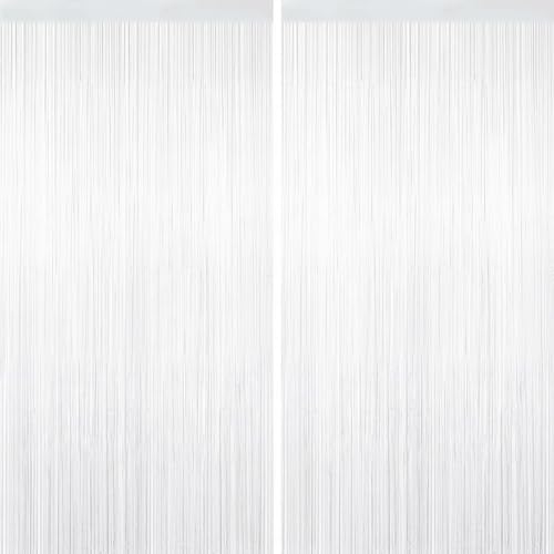 Image of 2 Pack White Tinsel Curtain Party Backdrop Decorations, Metallic Foil Fringe Curtain for Wedding Parties Door Streamers Christmas Baby Bridal Shower Birthday Bachelorette Photo Booth Party Decor