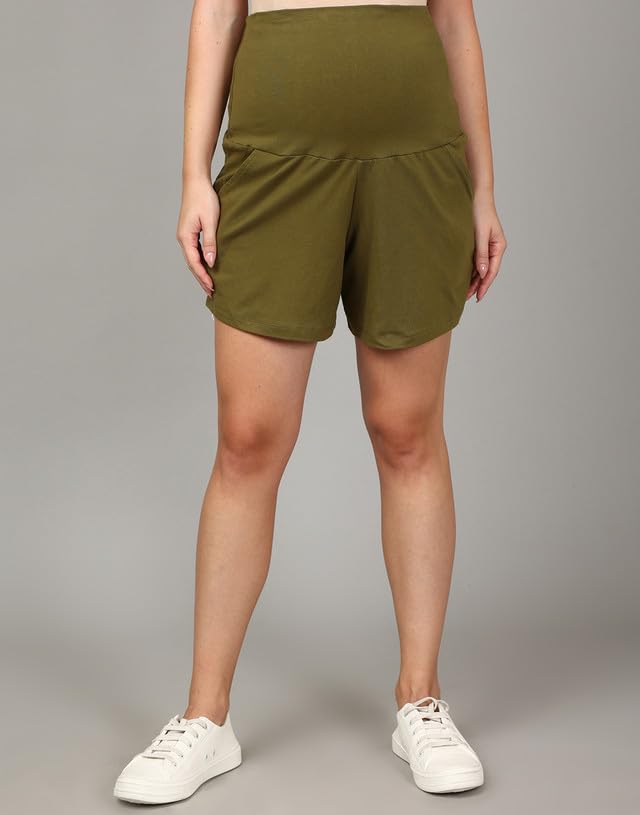 The Mom Store Maternity Shorts for Pregnancy - Stretchy Comfort Fit Pregnancy Shorts for Expecting Moms - Breathable Cotton Fabric with Adjustable Drawstring Waistband(Olive, 3XL) - Image 9 thumbnail