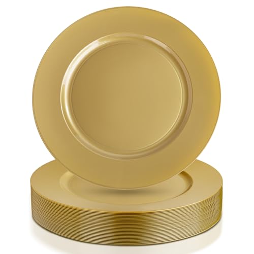 WDF 12Inch Plastic Charger Plates - 25Pack Gold Charge for Dinner - Disposable Gold Charge Plates - Perfect for Dinner/Wedding/Party/Elegant Tabletop Decor