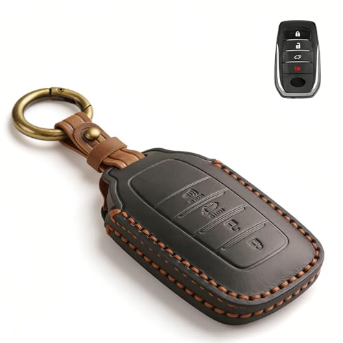 QBUC for Toyota Tundra Genuine Leather Key Fob Cover, 4 Button Key Holder Protector for Toyota 2021-2025 Land Cruiser Venza RAV4 Corolla Sequoia Sienna Crown Tacoma TRD Corolla SE Camry XSE(Black)