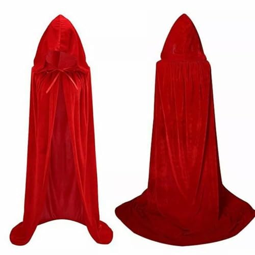 Unisex Value Velvet Style Hooded Cape Adult Fancy Dress Costume Halloween Cosplay Death Cloak Wizard Witch Medieval Cape (Red 170CM)
