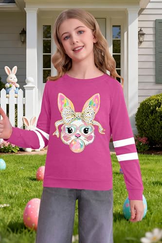 Image of LAZYCHILD Kids Easter Shirt Girls Happy Easter Shirts Rabbit Graphic Long Sleeve Striped Tee Tops 5-14 Years