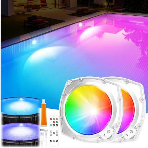 PoolBliss Rechargeable Submersible Pool Lights with Remote 5000mAh Underwater Led Pool Light for Above Ground Pool Lights Waterproof 9 Modes Color Changing Magnetic Swimming Inground Pool Lights-2PC