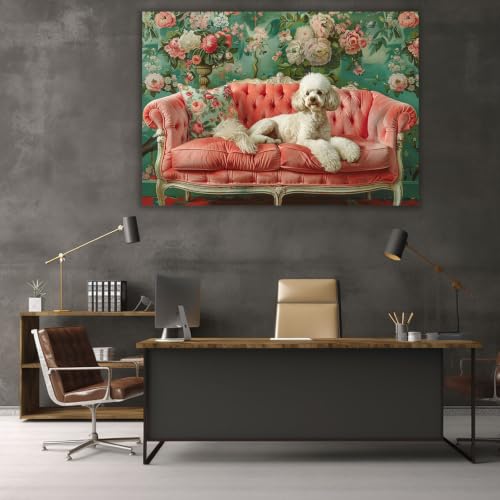 Lienzo de caniche blanco floral de 40x60cm, decoración vintage para salón y baño rosa 2