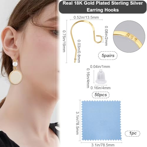 Beebeecraft 5 works/Box Real 18K Gold Plated 925 Sterling Silver Ear Wires French Earring Wires Fish Hook Earring Hooks with Ear Nuts and Loop Earring Findings for Jewelry Making Supplies DIY Crafts - Image 2