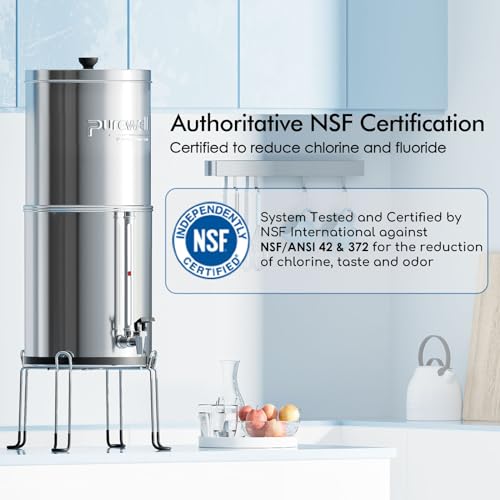 Image of Purewell 8-Stage Gravity Fed Water Filter System, 2.25 Gallon Stainless Steel Countertop System with 4 Filters, Metal Water Level Spigot and Stand, Reduce Fluoride and Chlorine, PW-OBT-CF