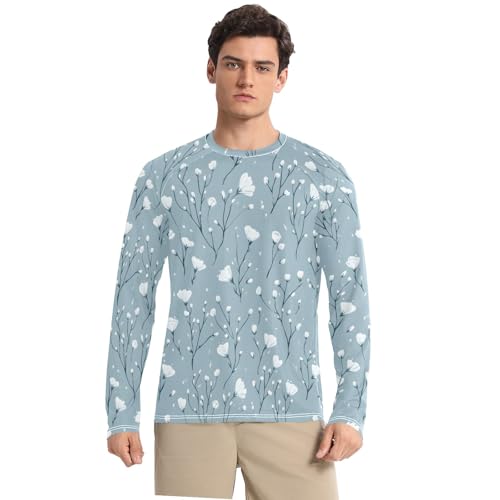 Bolaz Mens UV Protection Shirts Rash Guard Long Sleeve UPF 50+ Haze Blue Flowers Quick Dry S