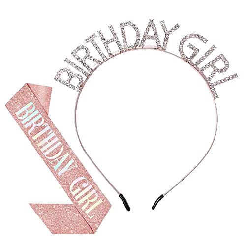 Rose Gold Birthday Crown and Sash Set for Women - Tiara Headband Princess Rhinestone Crown Party Girl Sweet Hair Accessories - Happy Birthday Gift