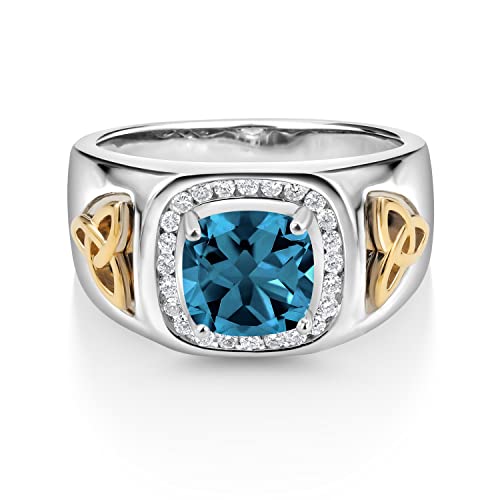 Gem Stone King Men's 925 Silver And 10K Yellow Gold London Blue Topaz And White Lab Grown Diamond Ring (3.06 Cttw, Gemstone Birthstone, Available In Size 7, 8, 9, 10, 11, 12, 13) #TOP1