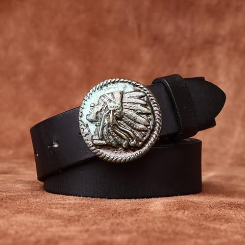 Distressed Belt for Men Women,3.3cm Full Grain Real Solid Leather Strap Engraved Native Indian Head Round Buckle(110cm/43, Black)3