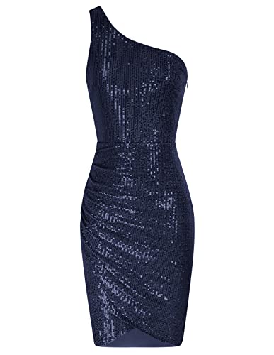 Grace Karin Blue Sequin Dresses One Shoulder Sparkly Dress Glitter Club Dress Wrap Hem Cocktail Party Bodycon Mini Dresses Navy Blue M #TOP7
