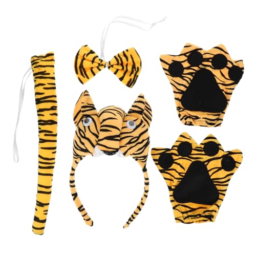 Cabilock Cartoon Animal Headband Tiger Tail Paw Gloves Set Dress up Accessory Kit for Halloween Stage Performances