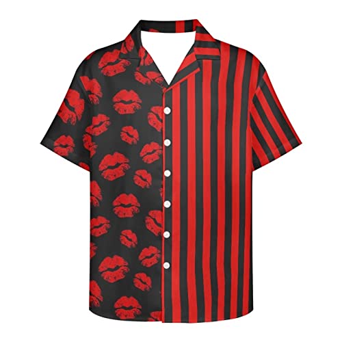 Printpub Camisa hawaiana tropical para hombre, camiseta de manga corta con botones y estampado a rayas dúplex, labios sexy, talla 3XL