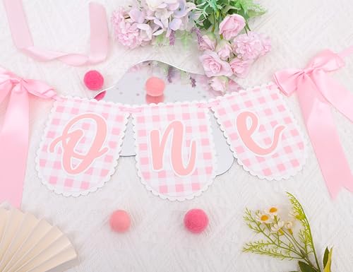 Image of Bow First Birthday High Chair Banner - Pink Bow 1st Party Decoration, Coquette First High Chair Banner, Coquette One Birthday Photo Prop