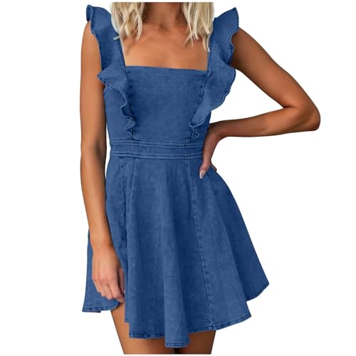 HGps8w Womens Open Back Denim Dress Cute Ruffles Sleeveless A-Line Cute Swing Girls Party Mini Jeans Dresses
