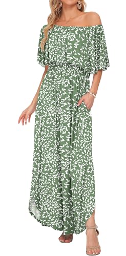 Image of AUSELILY Womens Off Shoulder Ruffle Split Summer Maxi Dresses with Pockets | Off-shoulder Ruffle dress with empire waist & side split for summer beach and casual parties