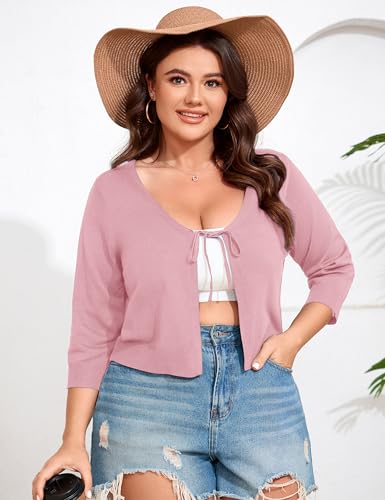 Image of ShopWonder Women's V-Neck Tie Front Shrug 3 /4 Sleeve Rib-Knit Cardigan Sweater Crop Top