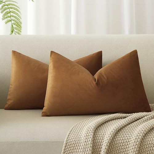 Image of JUSPURBET Light Brown Throw Pillow Covers Set of 2 Decorative Velvet Pillow Covers for Couch Sofa Bed Soft Lumbar Cushion Covers with Invisible Zipper for Living Room Home Decor,14x24 inch