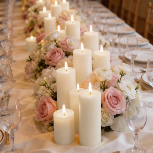 Veiuwa 72 Pack White Pillar Candles Bulk Set, 2x3 2x6 2x8 Inch - 24 Each Size, Dripless Smokeless Clean Burning for Wedding Centerpieces, Home Decor, Church, Romantic Ambiance！