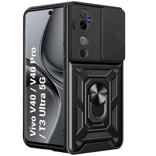 Image of TheGiftKart Tough Armor Bumper Back Cover Case for Vivo V40 / V40 Pro / T3 Ultra 5G | KickStand & Ring Holder | 360 Protection Back Case for Vivo V40 / V40 Pro (PC & TPU, Sliding Camera Cover, Black)