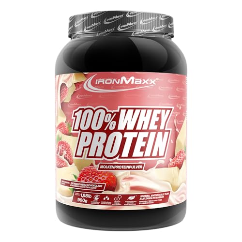 IronMaxx 100% Whey Protein Pulver 900g - Strawberry White Chocolate | Cremiger Eiweißshake mit BCAAs & EAAs | High Protein, Low Carb & zuckerarm | Ideal für Muskelaufbau & Fitness