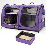 Mispace Portable Twin Compartment Show House Cat Cage/Condo - Easy to Fold & Carry Kennel - Comfy Puppy Home & Dog Travel Crate with Portable Carry Bag/Two Hammocks/Mats and Collapsible Litter Box
