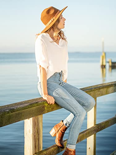 Roswear Women's Business Casual V Neck Cuffed Sleeves Work Blouse Top White S #TOP4