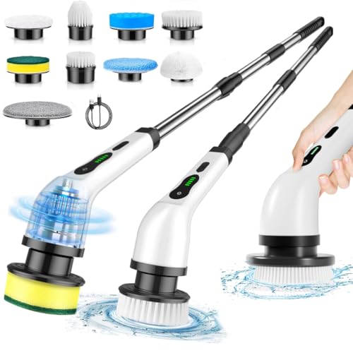 Image of Electric Spin Scrubber, Rotating & Cordless Cleaning Brush with 9 Replaceable Brush Heads and Adjustable Extension Handle. Dual Speed Power, IPX7 Waterproof for Bathroom, Kitchen, Tile, Floor & Car.