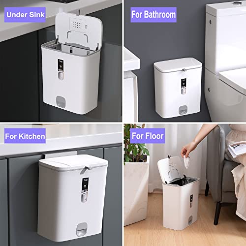 MAKINGTEC Trash Can Kitchen Bathroom Trash Can with Lid, 2.4 Gallon Small Trash Can Hanging or Standing Plastic Compost Bin for Cupboard/Bedroom/Office/Camping Waste Basket (White)