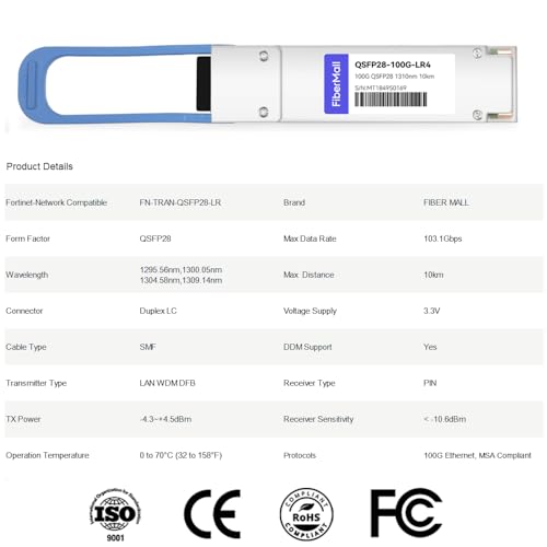 Image of 100G QSFP28 LR4 for Compatible Fortine-Network FN-TRAN-QSFP28-LR, 100GBASE-LR4 QSFP28 1310nm 10km LC SMF DOM Optical Transceiver Module