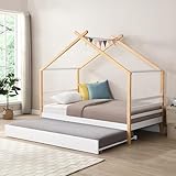 DS-HOMEPORT Twin Size House Bed with Trundle for Kid Bedroom, Twin Wood Bed Frames for Boys Girls, Playhouse Platform Bed Frame with Roof, No Box Spring Needed, 78.3' L x 41.3' W x 70' H