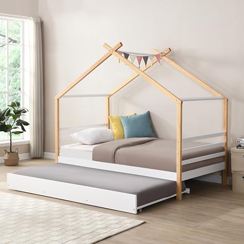 DS-HOMEPORT Twin Size House Bed with Trundle for Kid Bedroom, Twin Wood Bed Frames for Boys Girls, Playhouse Platform Bed Frame with Roof, No Box Spring Needed, 78.3" L x 41.3" W x 70" H