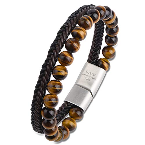 HASKARE Mens Bead Leather Bracelet, Tiger Eye Black Obsidian Braided Genuine Leather Beads Bracelet with 316L Stainless Steel Magnetic Closure for Men (Brown, 8)