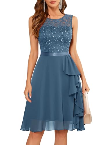 Image of BeryLove Womens Boat Neck A Line Sleeveless Lace Formal Homecoming Dress | Short Dress With Ruffle Hem, Sparkly Design Ideal For Wedding Guest,Bridesmaid Cocktail Prom & Evening Party Events