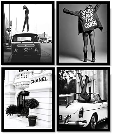 PoyBux Design Juego de 4 pósteres artísticos de pared de moda, sin marco (8 x 10 pulgadas), diseño vintage en blanco y negro, arte pop retro,