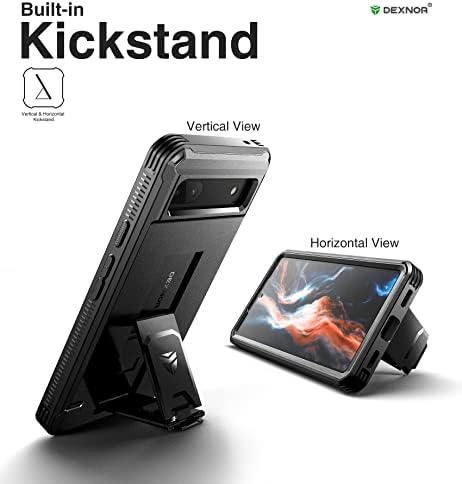 Dexnor for Google Pixel 6A 5G Case, [Built in Screen Protector and Kickstand] Heavy Duty Military Grade Protection Shockproof Protective Cover for Samsung Google Pixel 6A 5G - Black