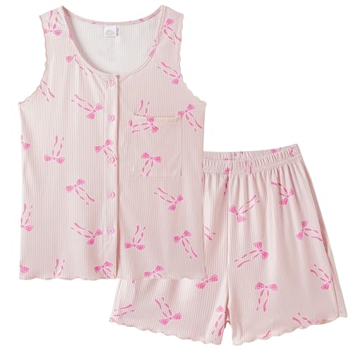 Vopmocld Girls Button Down Pajama Sets Sleeveless Tank Top with Shorts for Teen Girls Summer Casual Clothes Loungewear