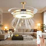 Daksan Ventilador de Teto 108cm dourado com Luz – 4 Pás, Diâmetro da Lâmpada 48cm, Controle Remoto, LED 72W 3 Cores Altermáveis, Chandelier Inteligente para Sala, Quarto e Cozinha