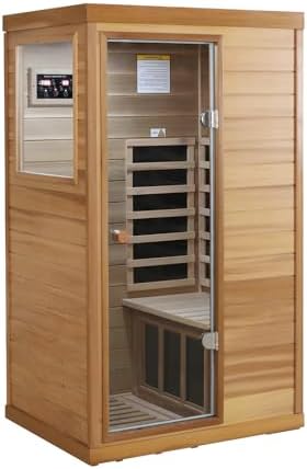 LTCCDSS Infrared Sauna, Red Cedar Far Infrared Sauna with 1050W, 1 Person Wood Sauna with 6 Low EMF Heaters, 2 Bluetooth Speakers, LED Lamp Left Door