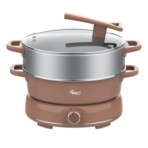 Image of Rosewill 12.7 QT Electric Hot Pot Slow Cooker with Multiple Functions, Split Design with 11.8 inch Wider Cooking Pot and SUS Steam Basket, 1600W High Power, Includes Utensils - Mocha