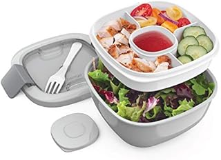 Bentgo® Salad - Stackable Lunch Container with Large 54-oz Salad Bowl, 4-Compartment Bento-Style Tray for Toppings, 3-oz Sauce Container for Dressings, Built-In Reusable Fork & BPA-Free (Gray)