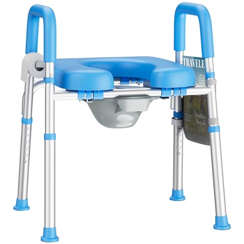 Image of KEKOY Toilet Seat Risers for Seniors, Adjustable Size, Bedside Commode | Padded Elevated with Handles, Fits Most Heights Builds,Tool Free Install,Fits Most Round Elongated Toilets for Handicap, Blue